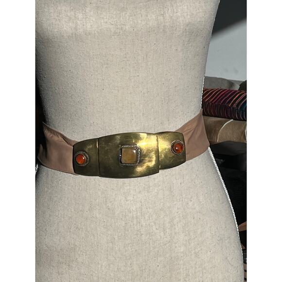 Vintage Tan Leather and Brass Gemstone Stone Buckle Adjustable Belt Boho India - Picture 16 of 16